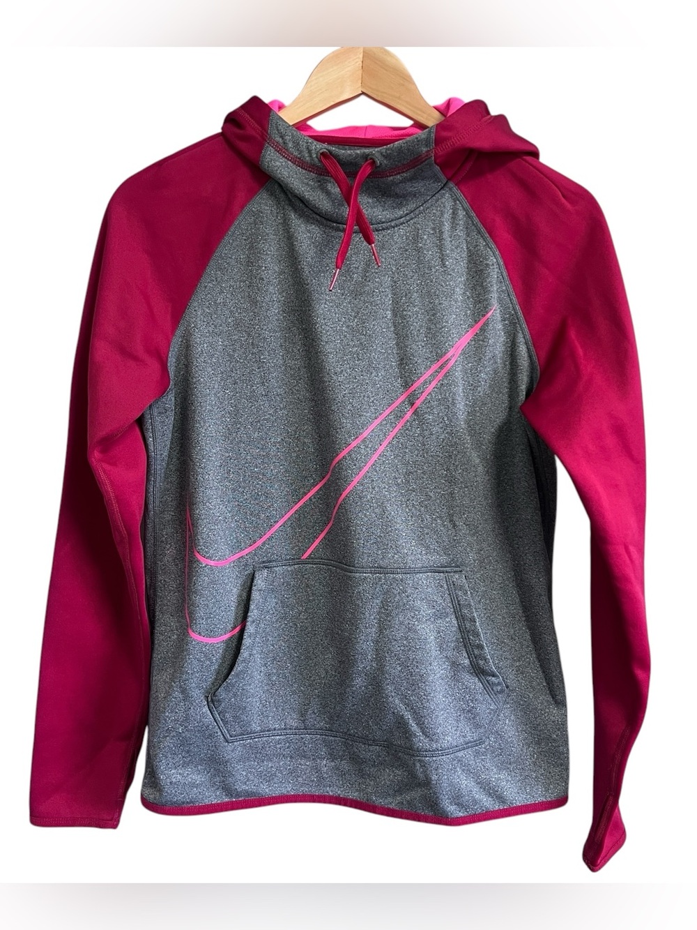 Nike Dri-Fit Gray & Magenta Swoosh Raglan Hoodie Small